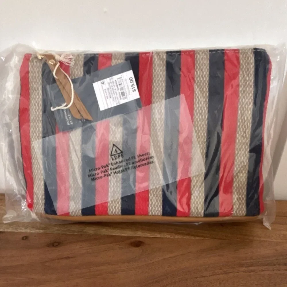 Universal Thread Striped Makeup Bag Red Navy Beige Brown Polyester Zipper